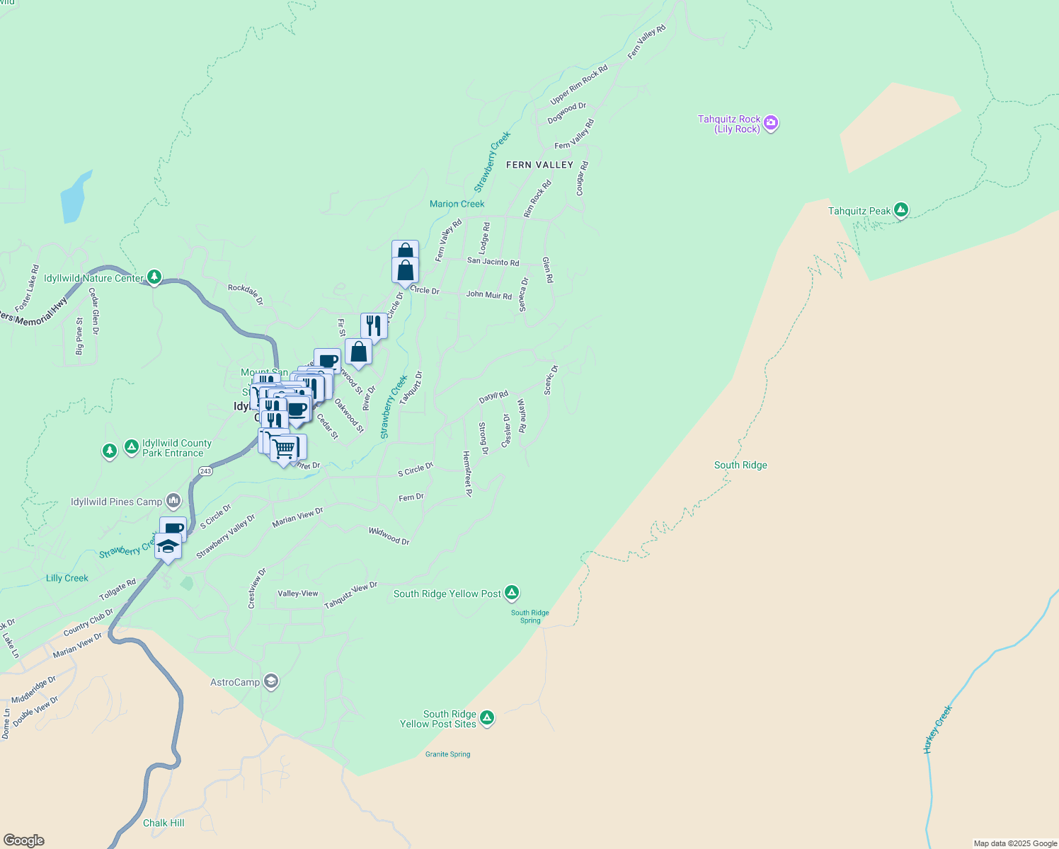 map of restaurants, bars, coffee shops, grocery stores, and more near 25890 Wayne Road in Idyllwild-Pine Cove