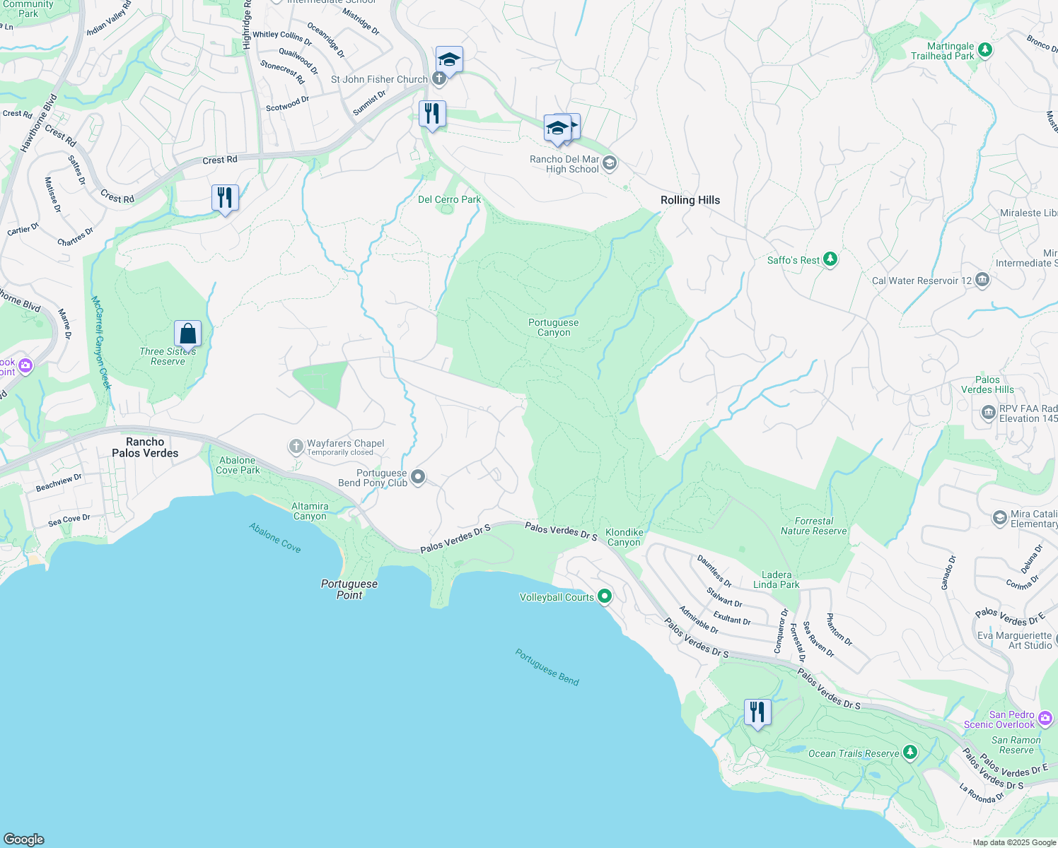 map of restaurants, bars, coffee shops, grocery stores, and more near 3227 Crownview Drive in Rancho Palos Verdes