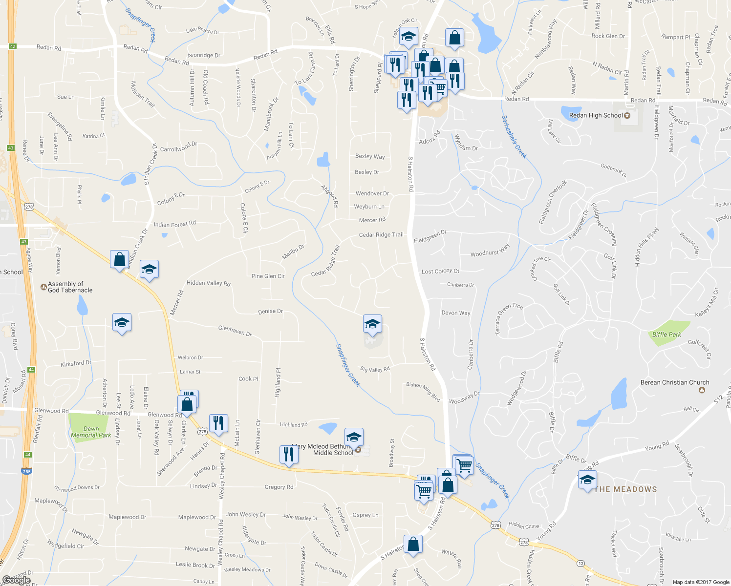 map of restaurants, bars, coffee shops, grocery stores, and more near 4569 Birch Ridge Trail in Stone Mountain