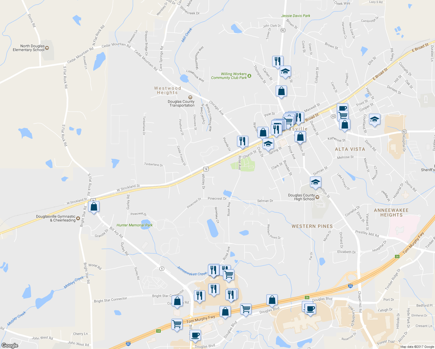 map of restaurants, bars, coffee shops, grocery stores, and more near 7019 Morningside Court in Douglasville