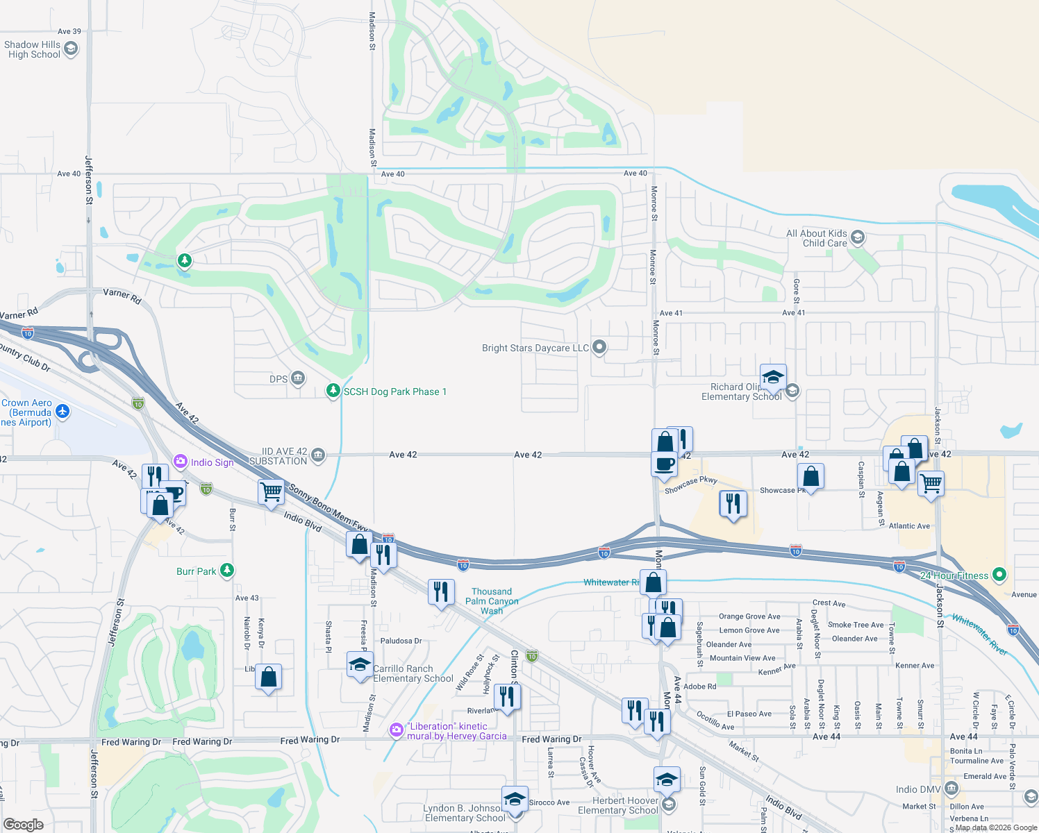 map of restaurants, bars, coffee shops, grocery stores, and more near 81521 Avenida Celaya in Indio