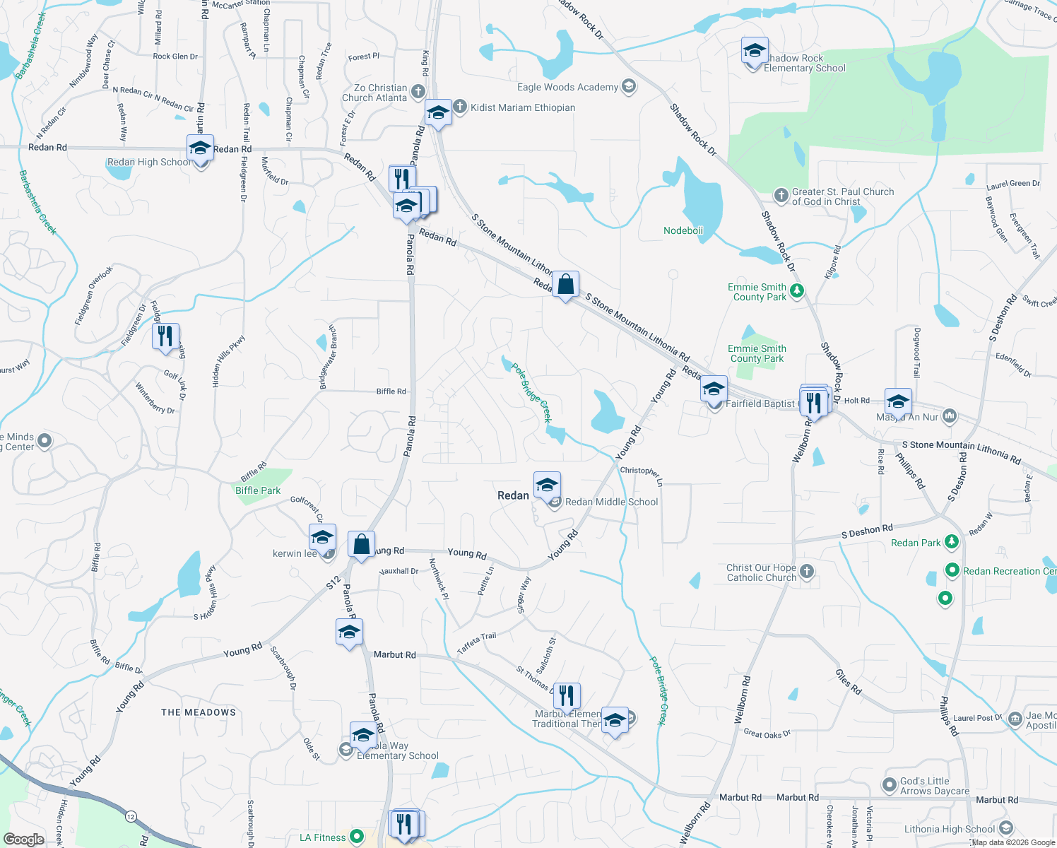 map of restaurants, bars, coffee shops, grocery stores, and more near 5633 Tunbridge Wells Ct in Lithonia