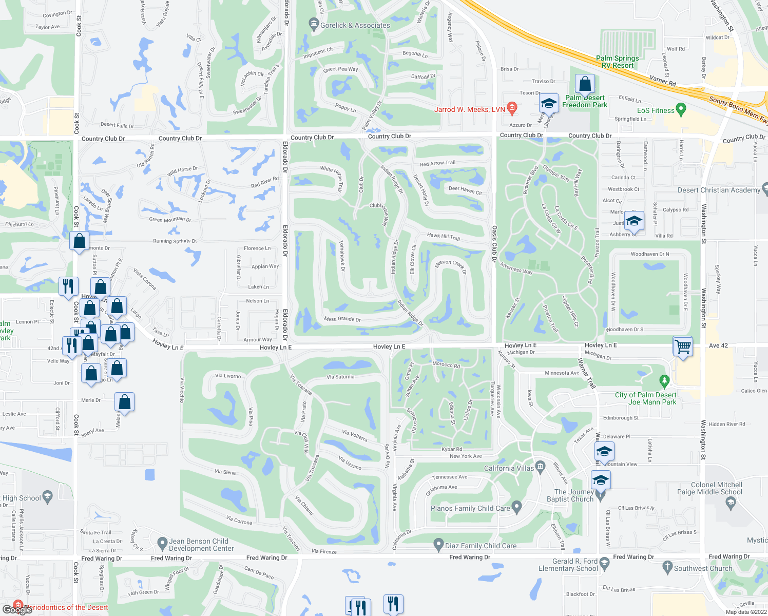 map of restaurants, bars, coffee shops, grocery stores, and more near in Palm Desert