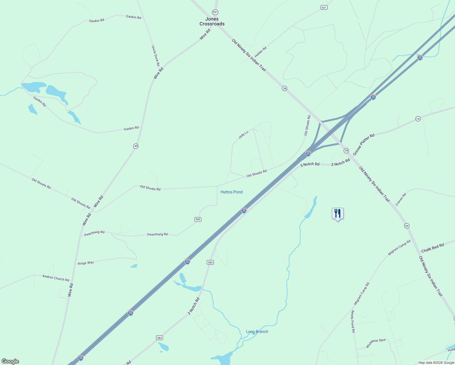 map of restaurants, bars, coffee shops, grocery stores, and more near 1689 Old Shoals Road in Monetta