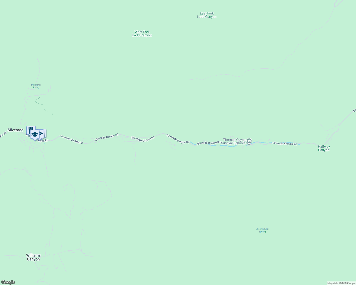 map of restaurants, bars, coffee shops, grocery stores, and more near 29752 Silverado Canyon Road in Silverado