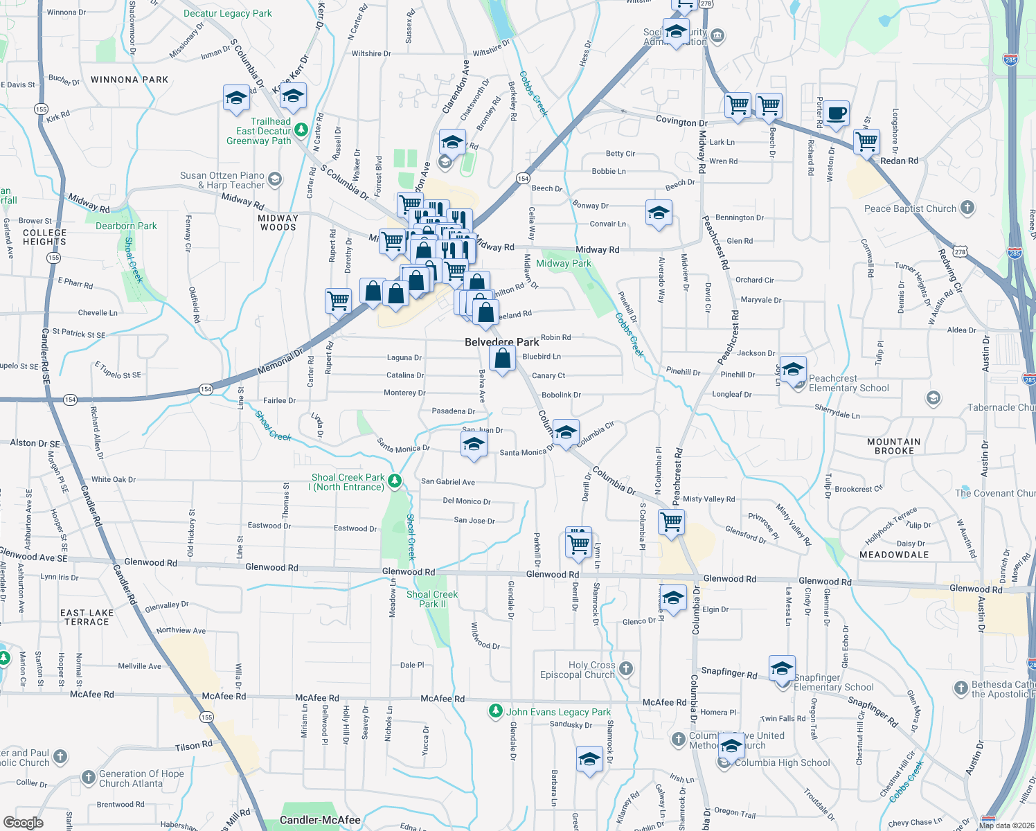 map of restaurants, bars, coffee shops, grocery stores, and more near 3002 Lauren Parc Road in Decatur