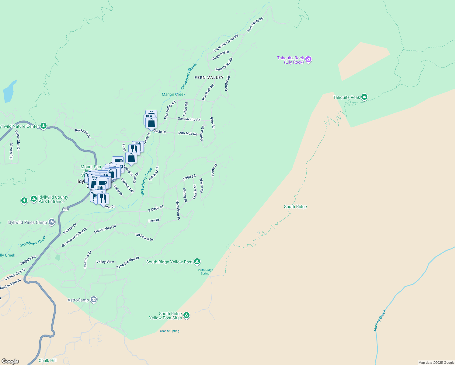 map of restaurants, bars, coffee shops, grocery stores, and more near Shady View Drive in Idyllwild-Pine Cove