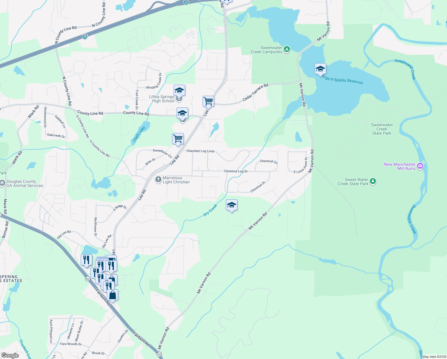map of restaurants, bars, coffee shops, grocery stores, and more near 2132 Cedar Creek Lane in Lithia Springs