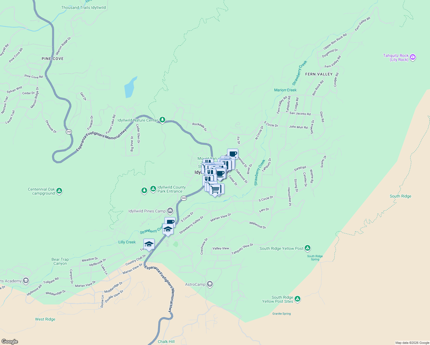 map of restaurants, bars, coffee shops, grocery stores, and more near 54315 Pine Crest Avenue in Idyllwild-Pine Cove
