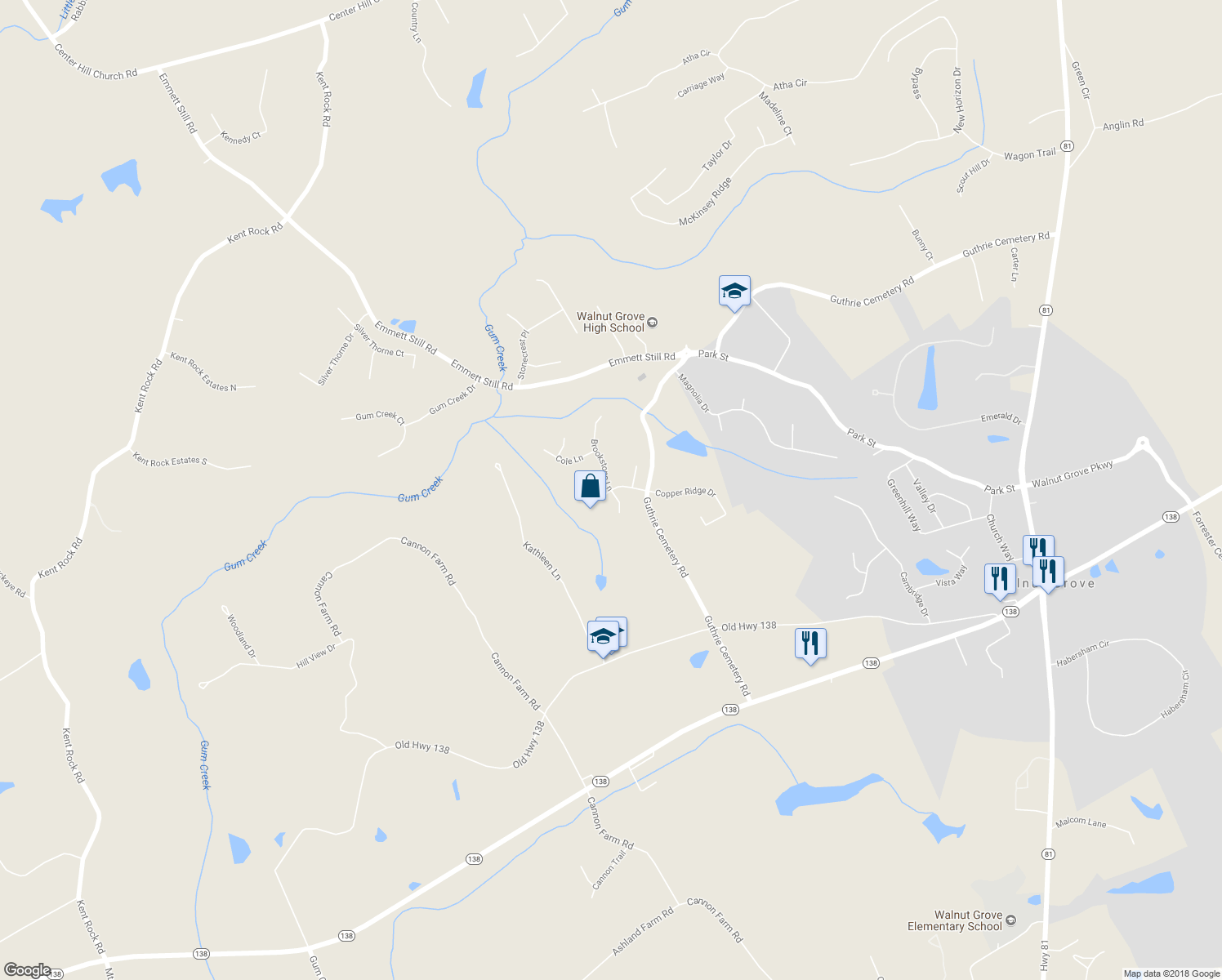 map of restaurants, bars, coffee shops, grocery stores, and more near 5000 Brookstone Lane in Loganville