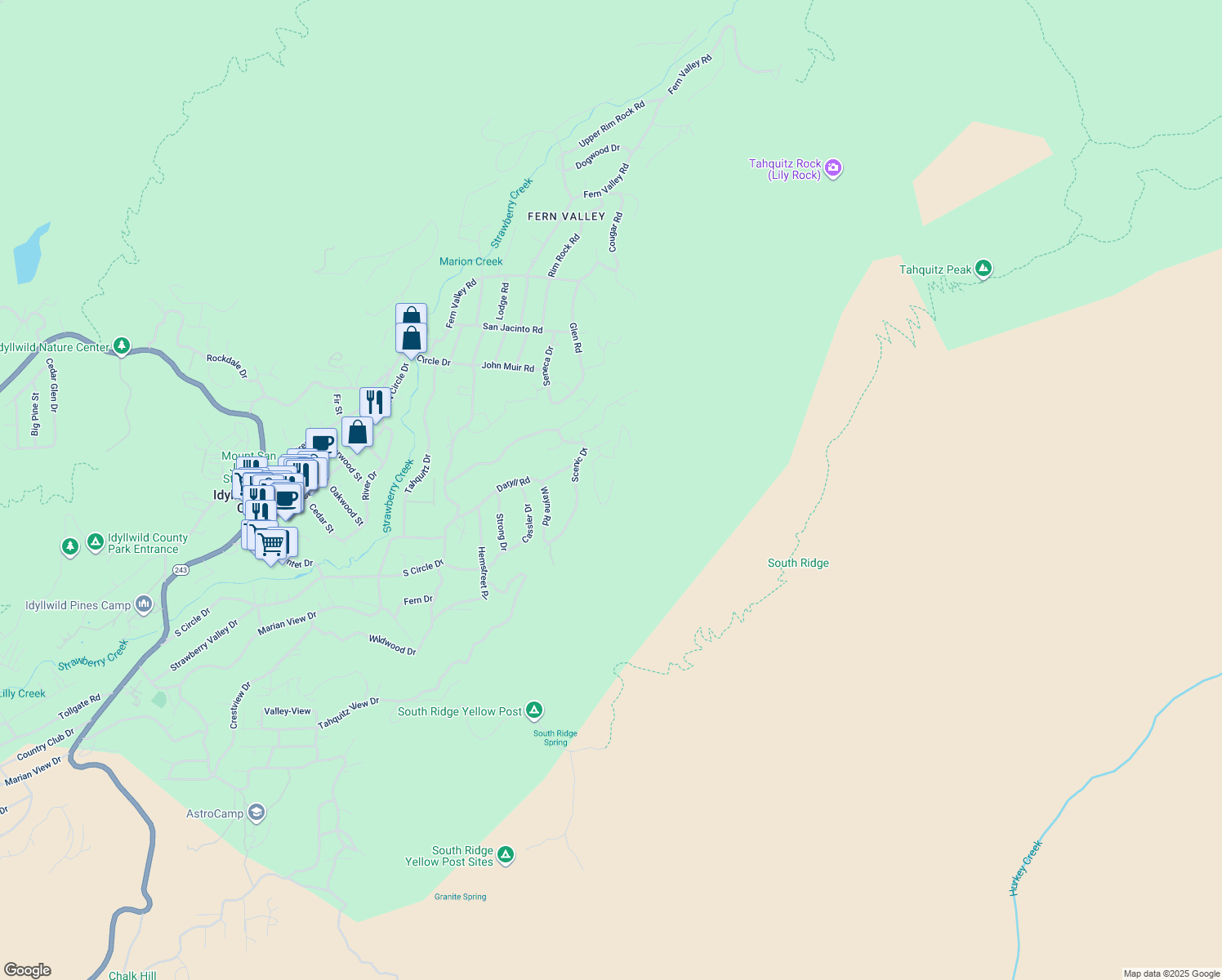 map of restaurants, bars, coffee shops, grocery stores, and more near Shady View Drive in Idyllwild-Pine Cove