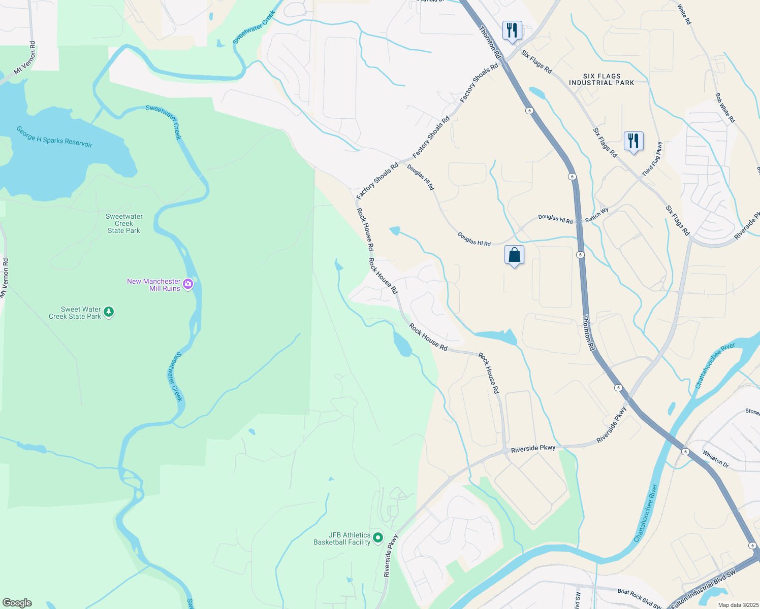 map of restaurants, bars, coffee shops, grocery stores, and more near 985 Forest Knoll Court in Lithia Springs
