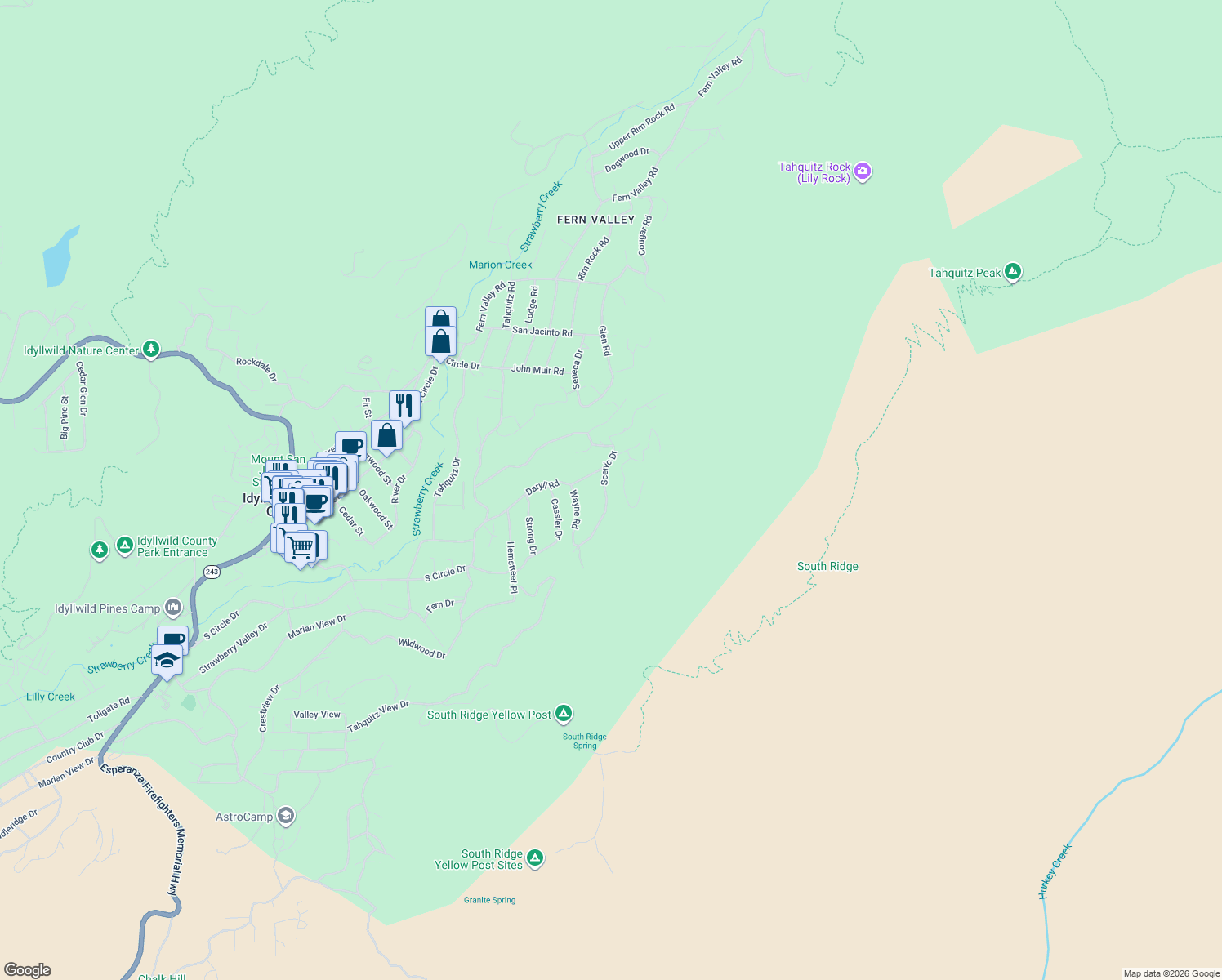 map of restaurants, bars, coffee shops, grocery stores, and more near 25840 Scenic Drive in Idyllwild-Pine Cove