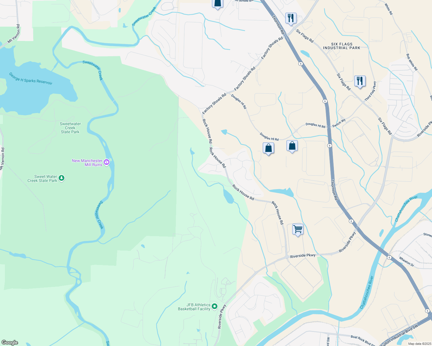 map of restaurants, bars, coffee shops, grocery stores, and more near 985 Forest Knoll Court in Lithia Springs