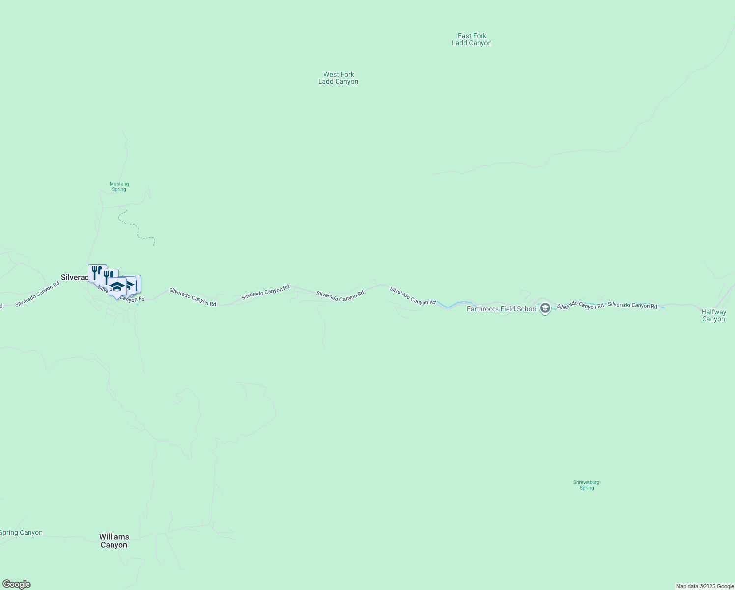 map of restaurants, bars, coffee shops, grocery stores, and more near 29532 Silverado Canyon Road in Silverado