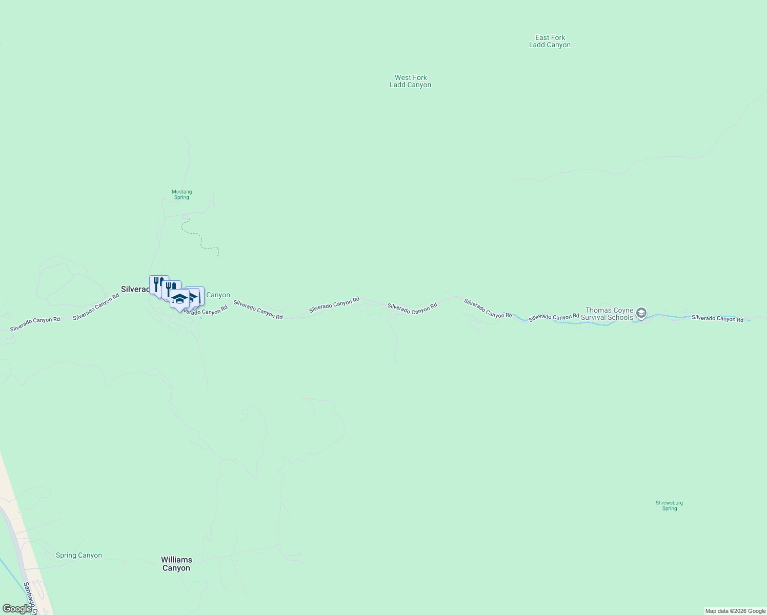 map of restaurants, bars, coffee shops, grocery stores, and more near 29281 Silverado Canyon Road in Silverado