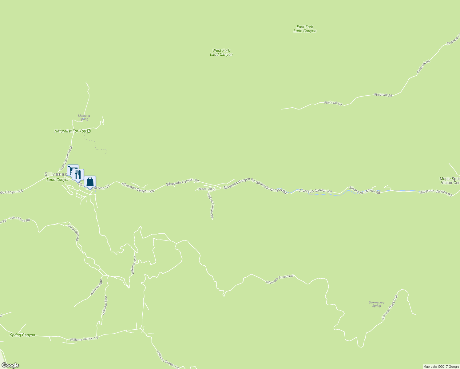 map of restaurants, bars, coffee shops, grocery stores, and more near 29000 Hillside Lane in Silverado