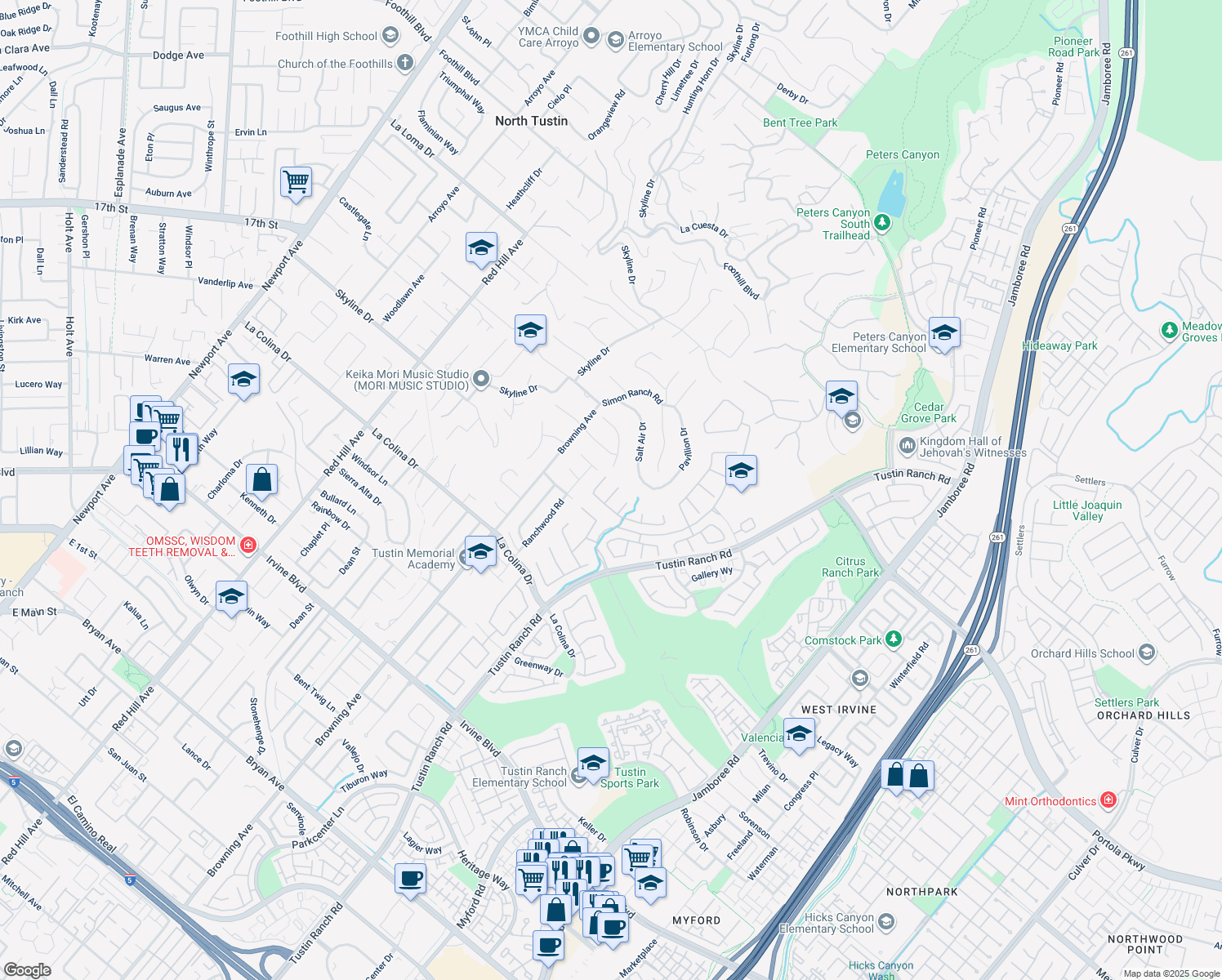 map of restaurants, bars, coffee shops, grocery stores, and more near 12185 Zielian Court in Tustin