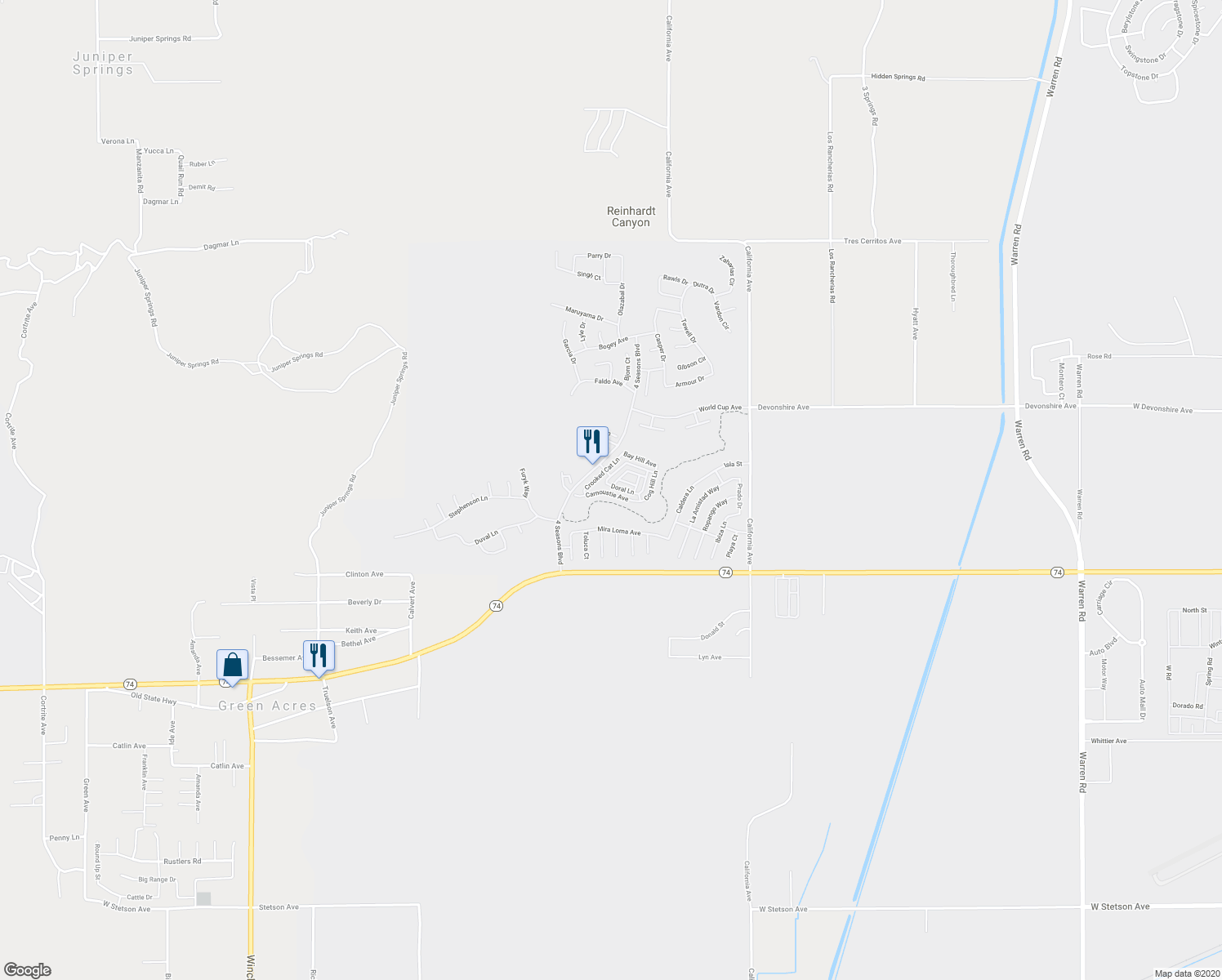 map of restaurants, bars, coffee shops, grocery stores, and more near 8197 Doral Lane in Hemet