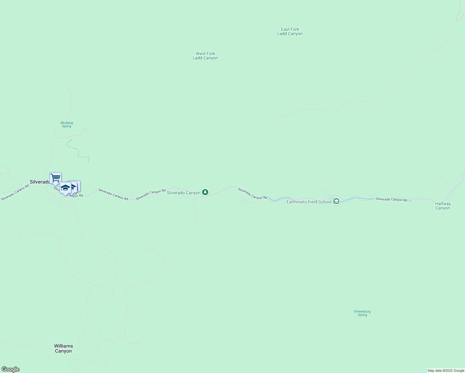 map of restaurants, bars, coffee shops, grocery stores, and more near Silverado Canyon Road in Silverado