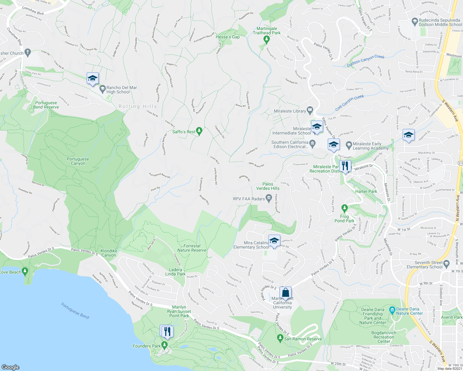 map of restaurants, bars, coffee shops, grocery stores, and more near 62 Crest Road East in Rolling Hills