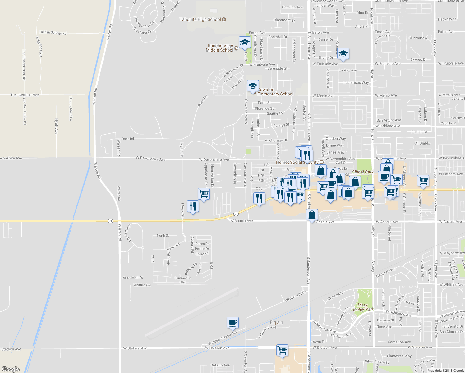 map of restaurants, bars, coffee shops, grocery stores, and more near 213 Cavendish Drive in Hemet
