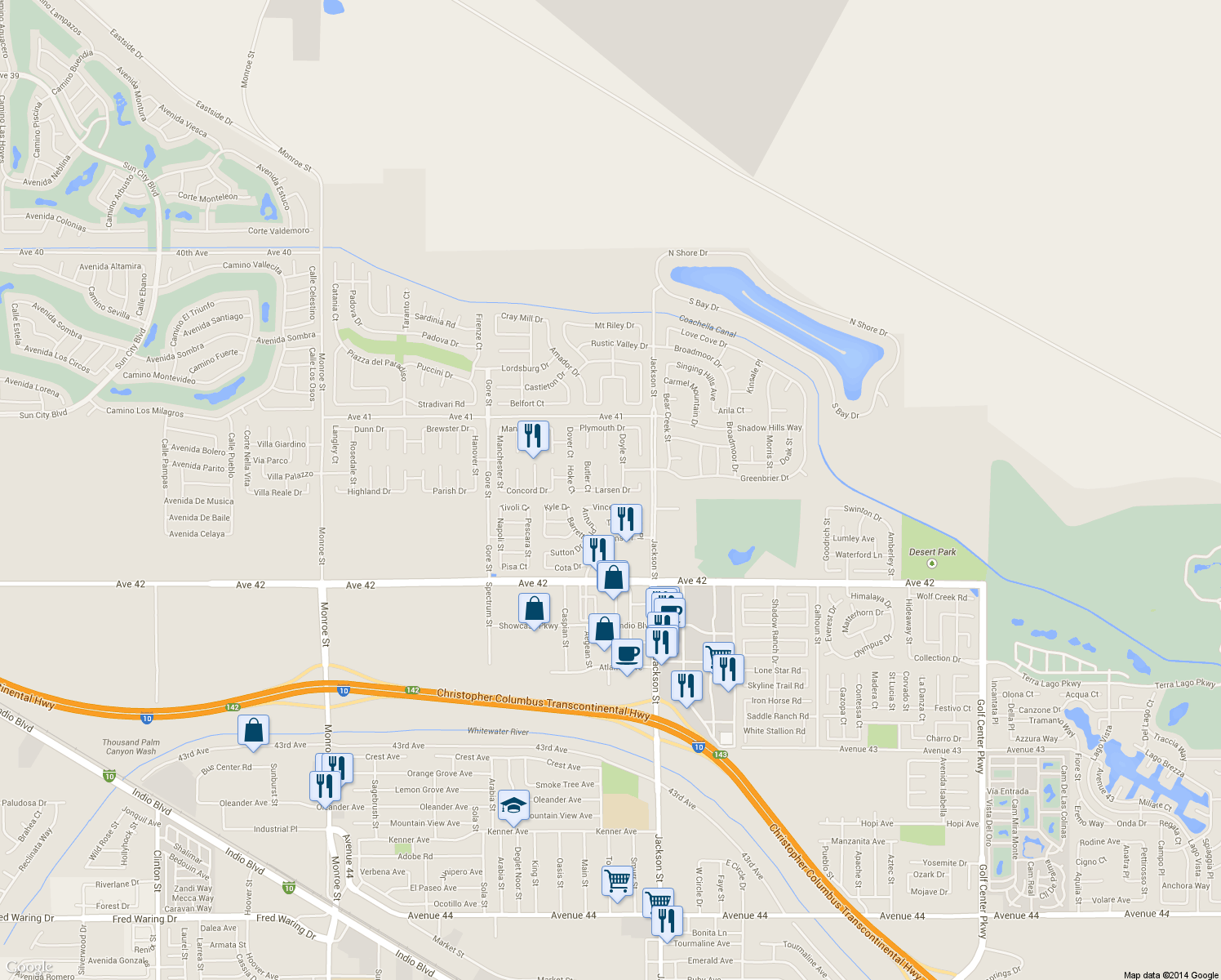 map of restaurants, bars, coffee shops, grocery stores, and more near 82947 Larsen Drive in Indio