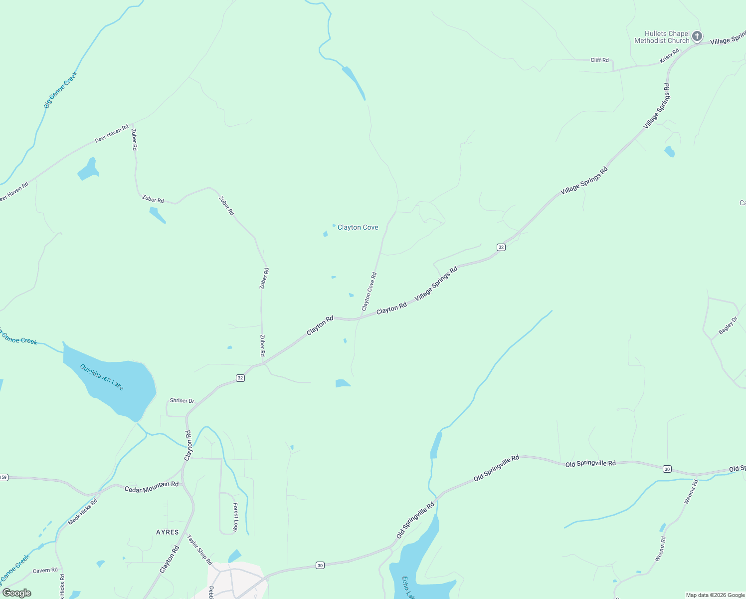 map of restaurants, bars, coffee shops, grocery stores, and more near 8455 Clayton Cove Road in Springville