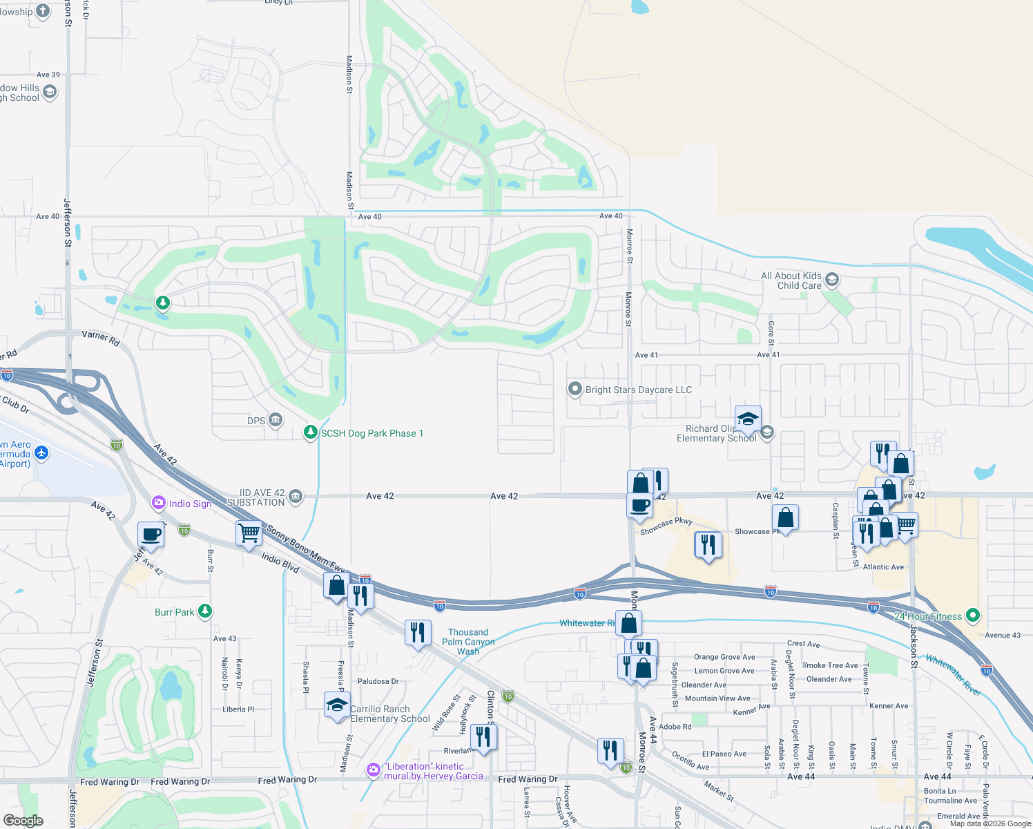 map of restaurants, bars, coffee shops, grocery stores, and more near 81595 Avenida Alturas in Indio