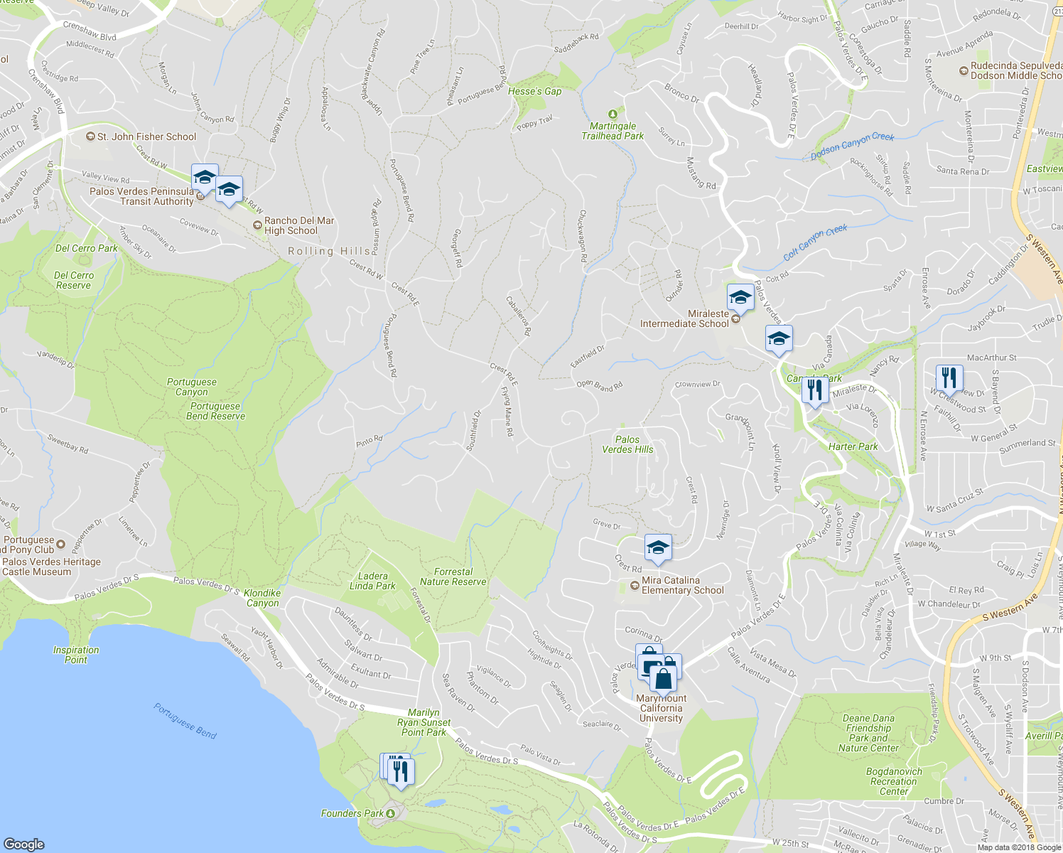 map of restaurants, bars, coffee shops, grocery stores, and more near 60 Crest Road East in Rolling Hills