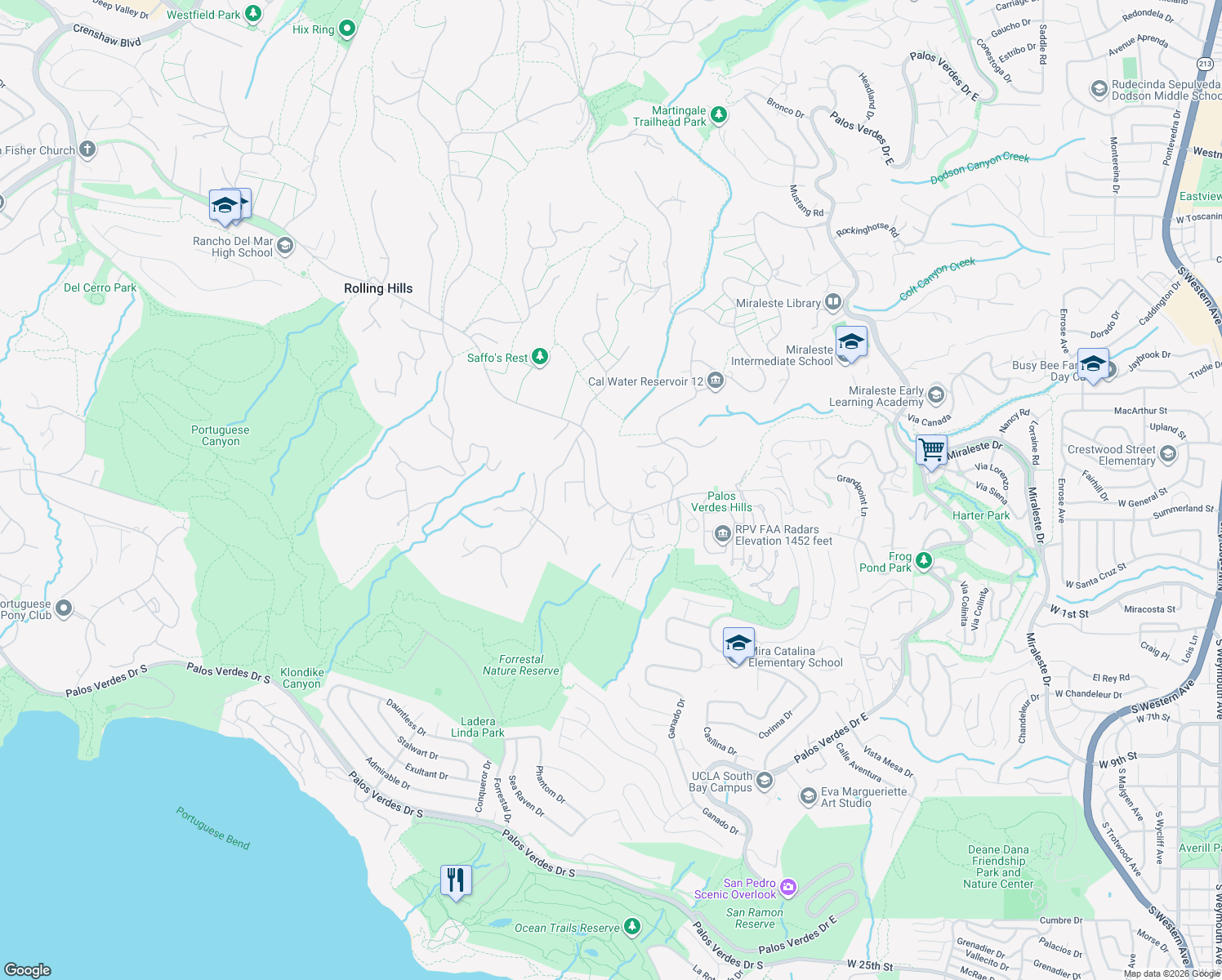 map of restaurants, bars, coffee shops, grocery stores, and more near 62 Crest Road East in Rolling Hills