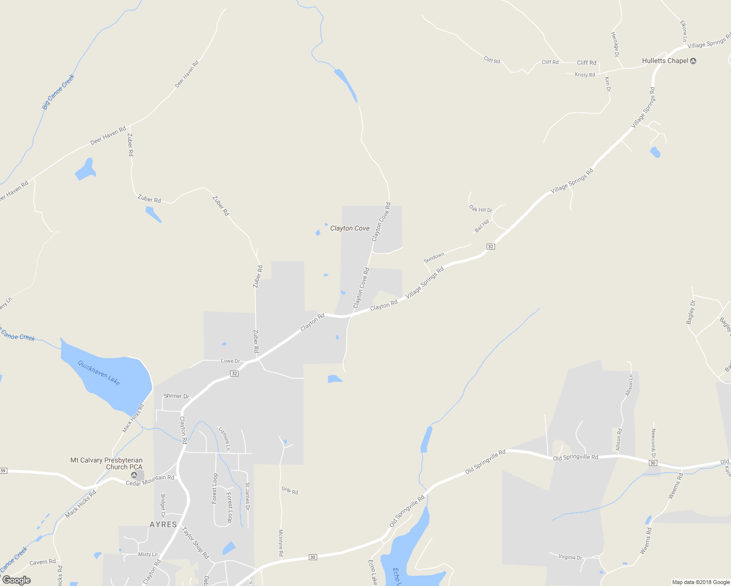 map of restaurants, bars, coffee shops, grocery stores, and more near 8455 Clayton Cove Road in Springville