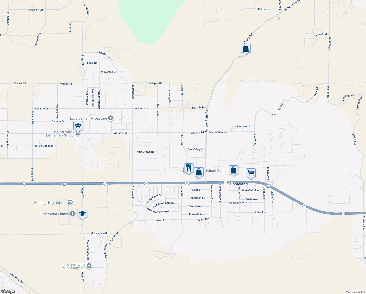 map of restaurants, bars, coffee shops, grocery stores, and more near Leon Road in Homeland
