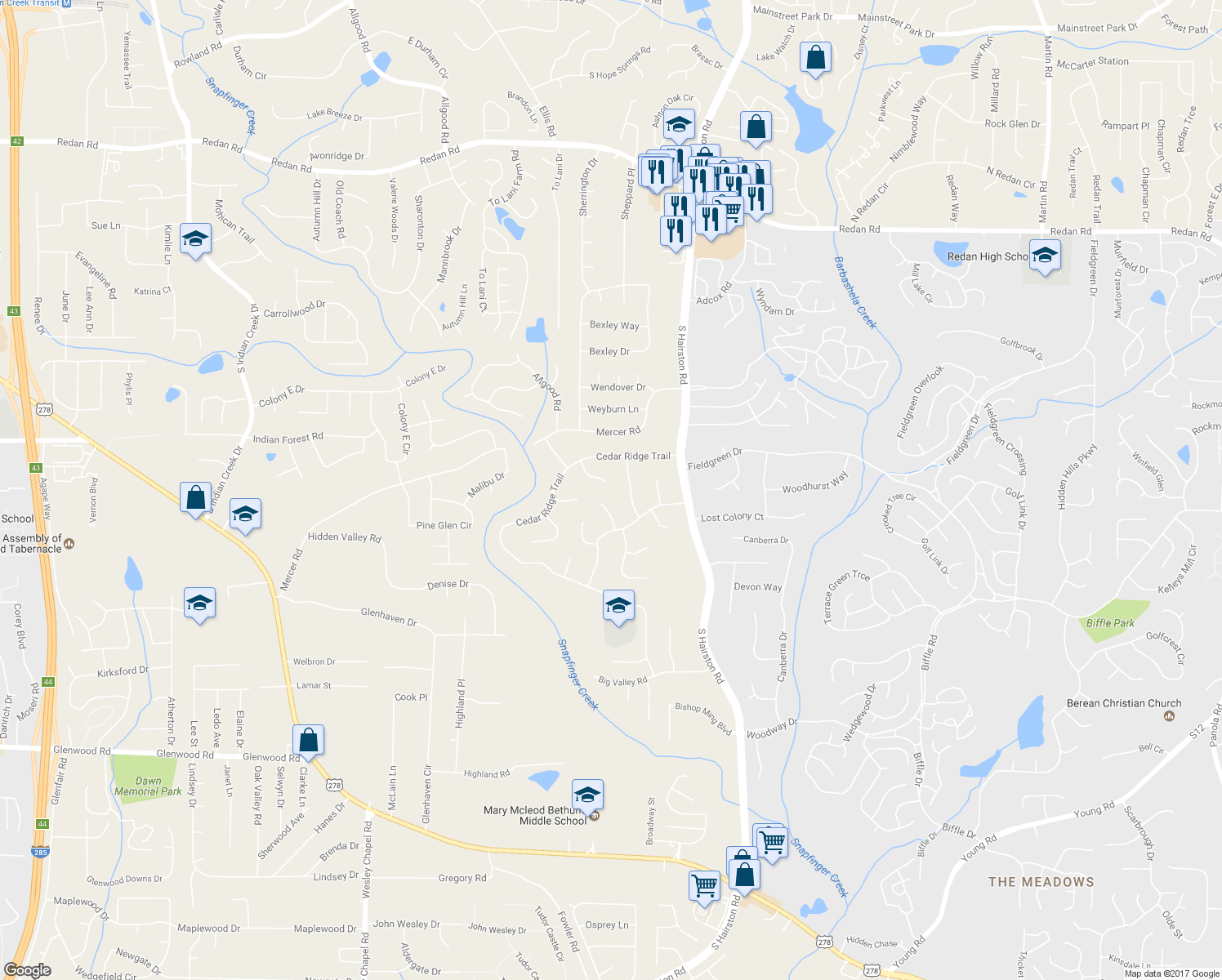 map of restaurants, bars, coffee shops, grocery stores, and more near 1490 Cedar Ridge Way in Stone Mountain