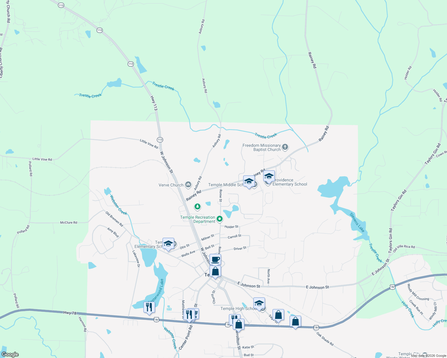 map of restaurants, bars, coffee shops, grocery stores, and more near 174 Rainey Rd in Temple