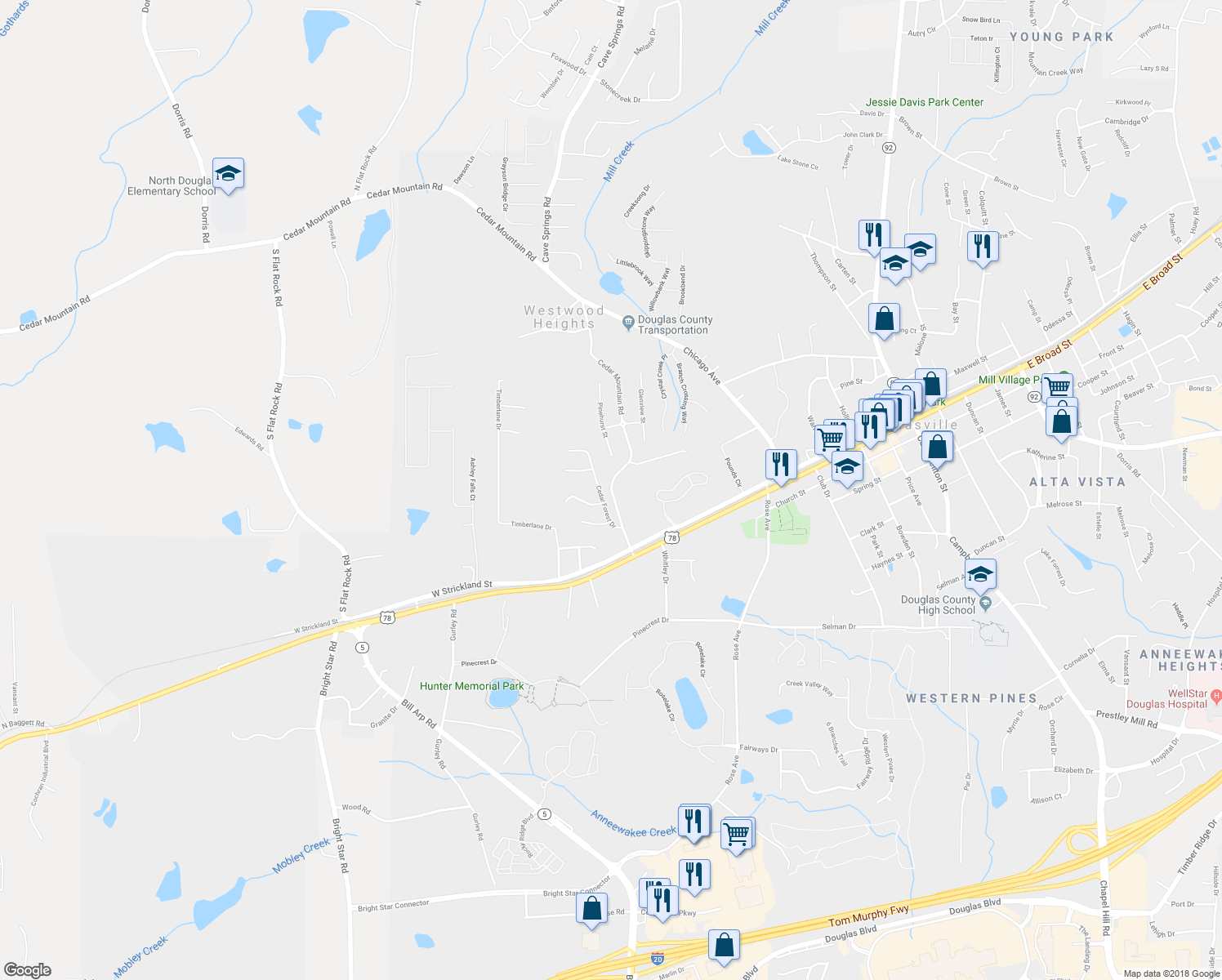 map of restaurants, bars, coffee shops, grocery stores, and more near 8553 Braylen Manor Drive in Douglasville