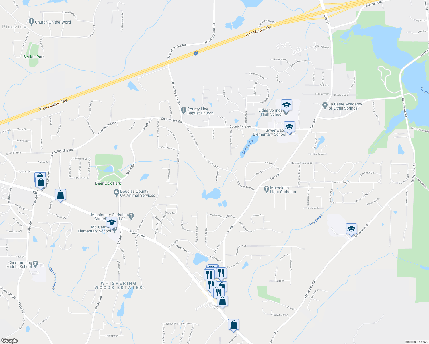 map of restaurants, bars, coffee shops, grocery stores, and more near 2795 Herring Place in Lithia Springs