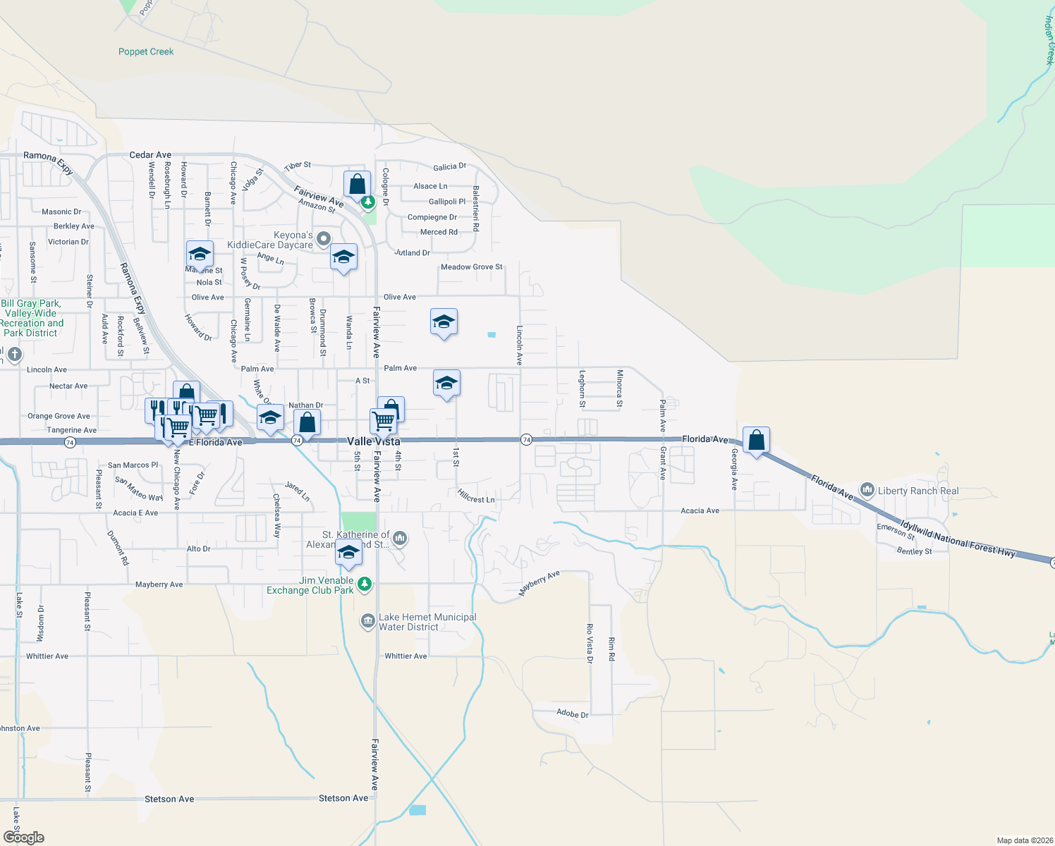 map of restaurants, bars, coffee shops, grocery stores, and more near 44551 Stewart Way in Hemet