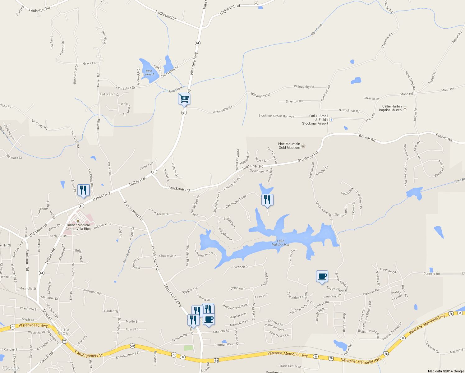 map of restaurants, bars, coffee shops, grocery stores, and more near 9821 Reflections Drive in Villa Rica