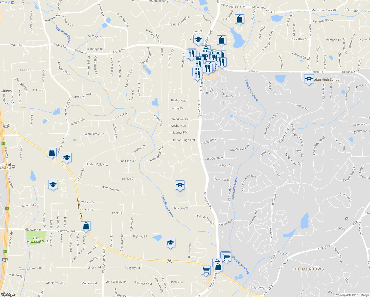 map of restaurants, bars, coffee shops, grocery stores, and more near 1492 Spruce Ridge Way in Stone Mountain