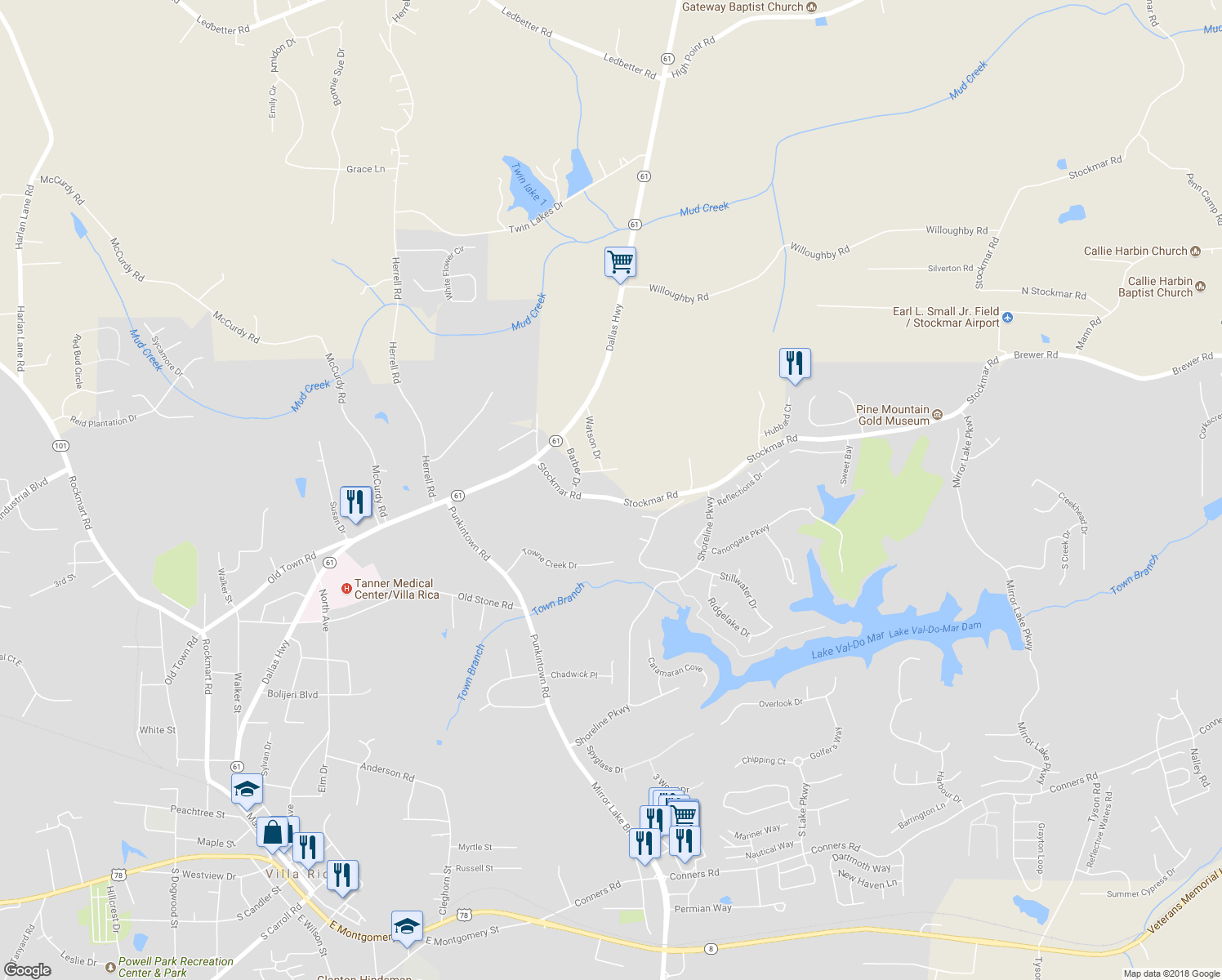 map of restaurants, bars, coffee shops, grocery stores, and more near 138 Stockmar Road in Villa Rica