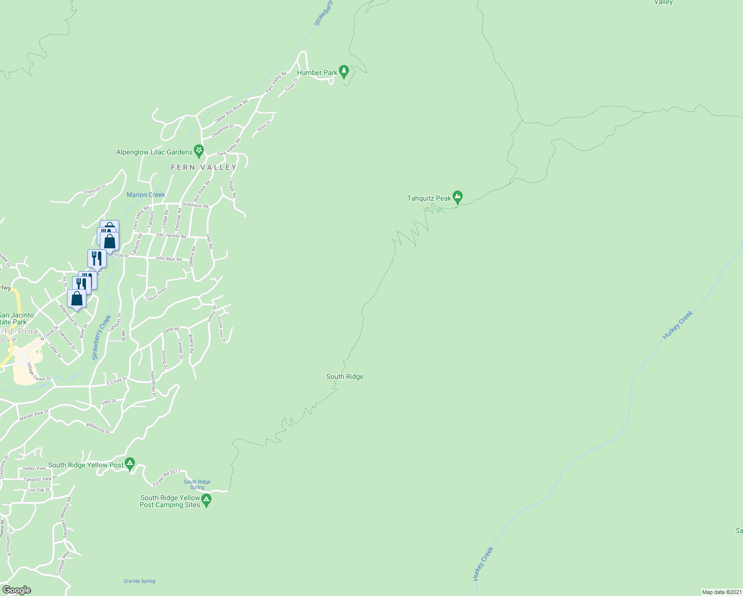 map of restaurants, bars, coffee shops, grocery stores, and more near South Ridge Trail in Mountain Center