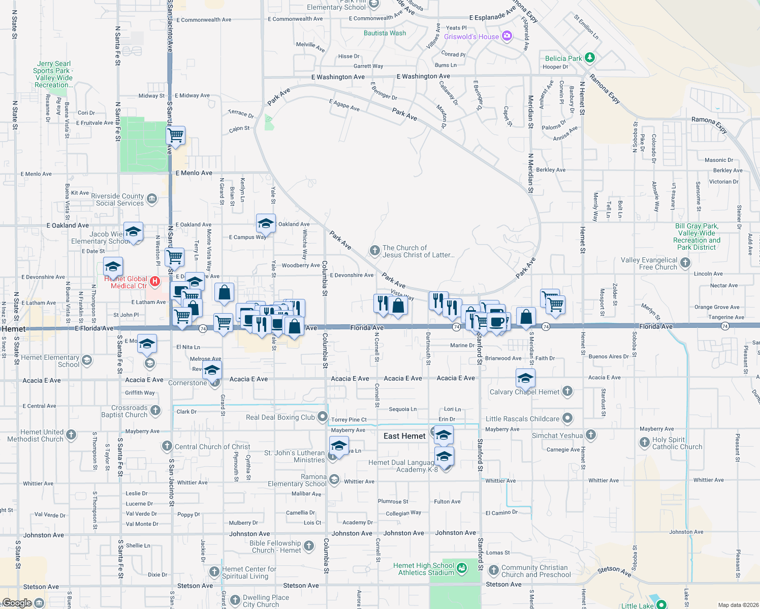 map of restaurants, bars, coffee shops, grocery stores, and more near 2906 Mockingbird Lane in Hemet