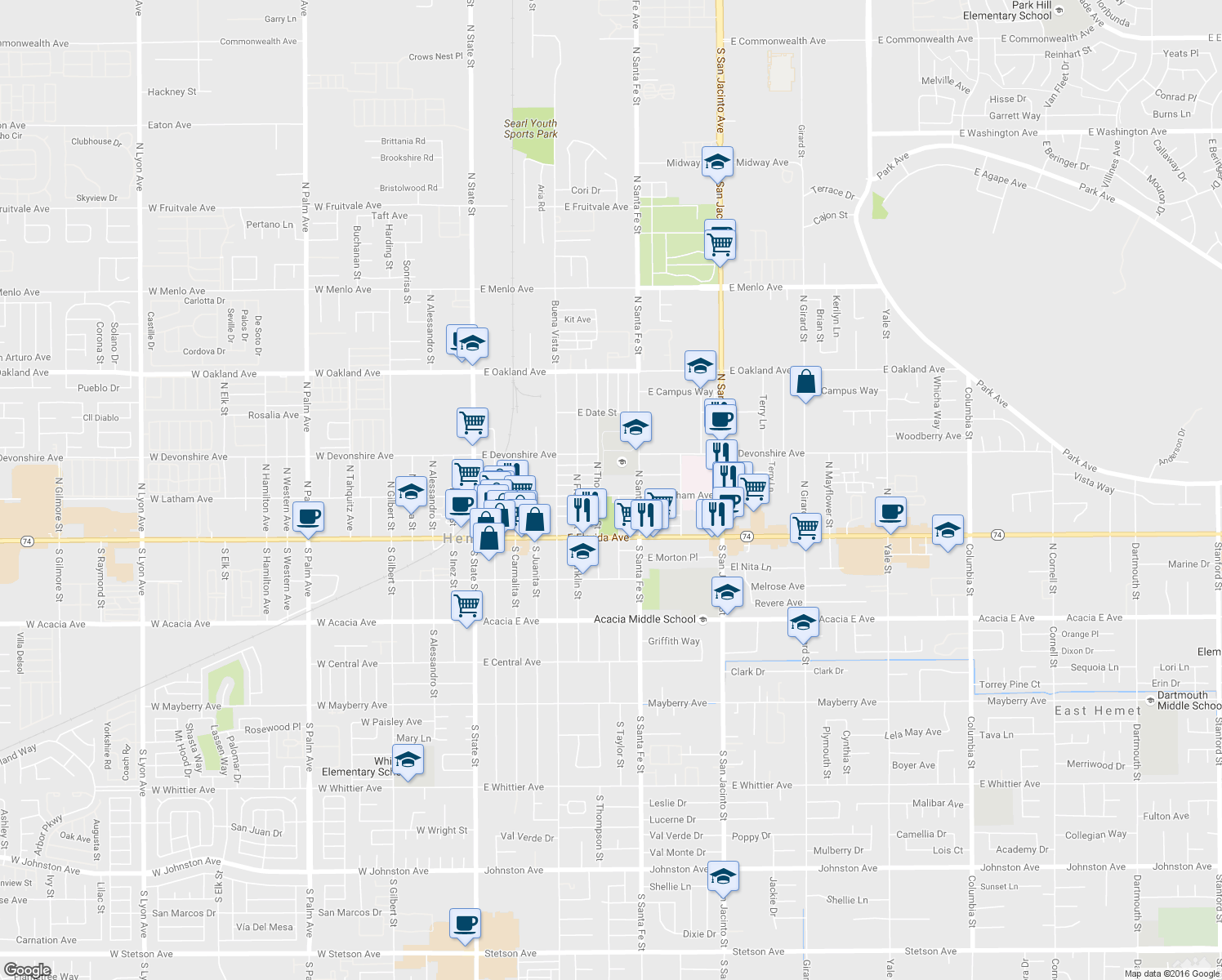 map of restaurants, bars, coffee shops, grocery stores, and more near 750 East Latham Avenue in Hemet