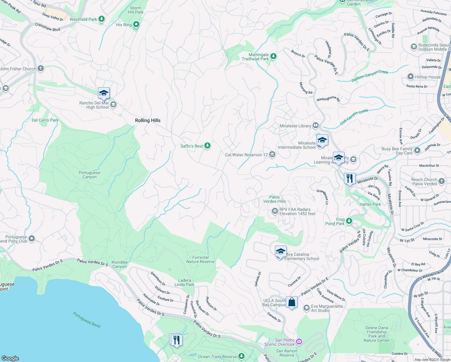 map of restaurants, bars, coffee shops, grocery stores, and more near 2 Flying Mane Road in Rolling Hills