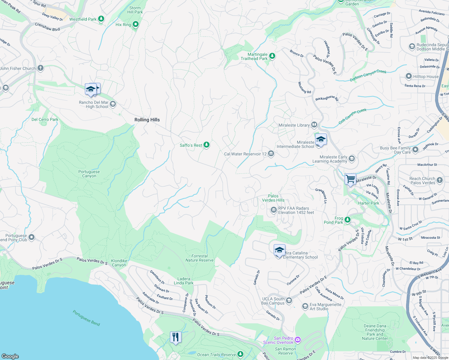 map of restaurants, bars, coffee shops, grocery stores, and more near 2 Flying Mane Road in Rolling Hills