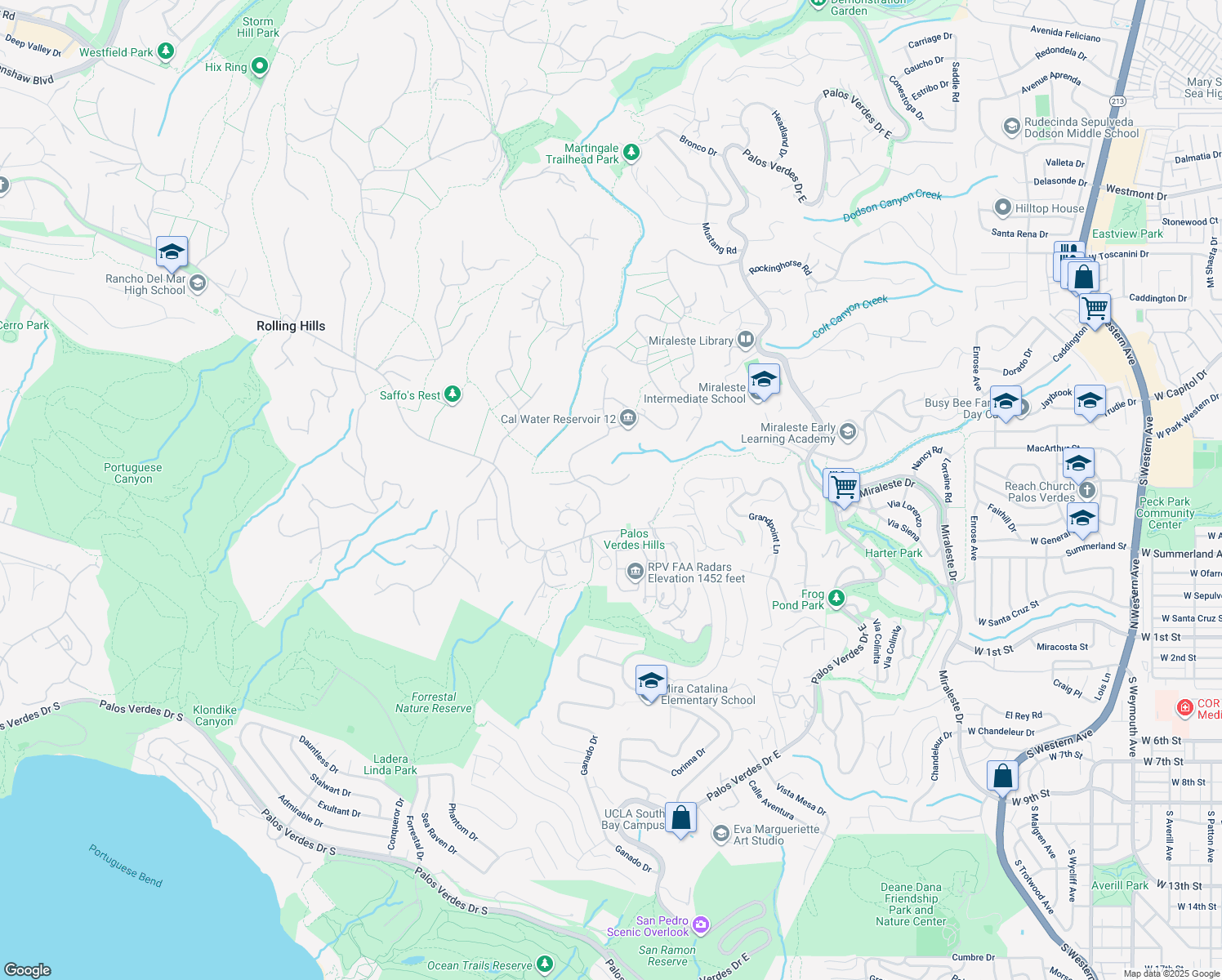 map of restaurants, bars, coffee shops, grocery stores, and more near 5 Open Brand Road in Rolling Hills