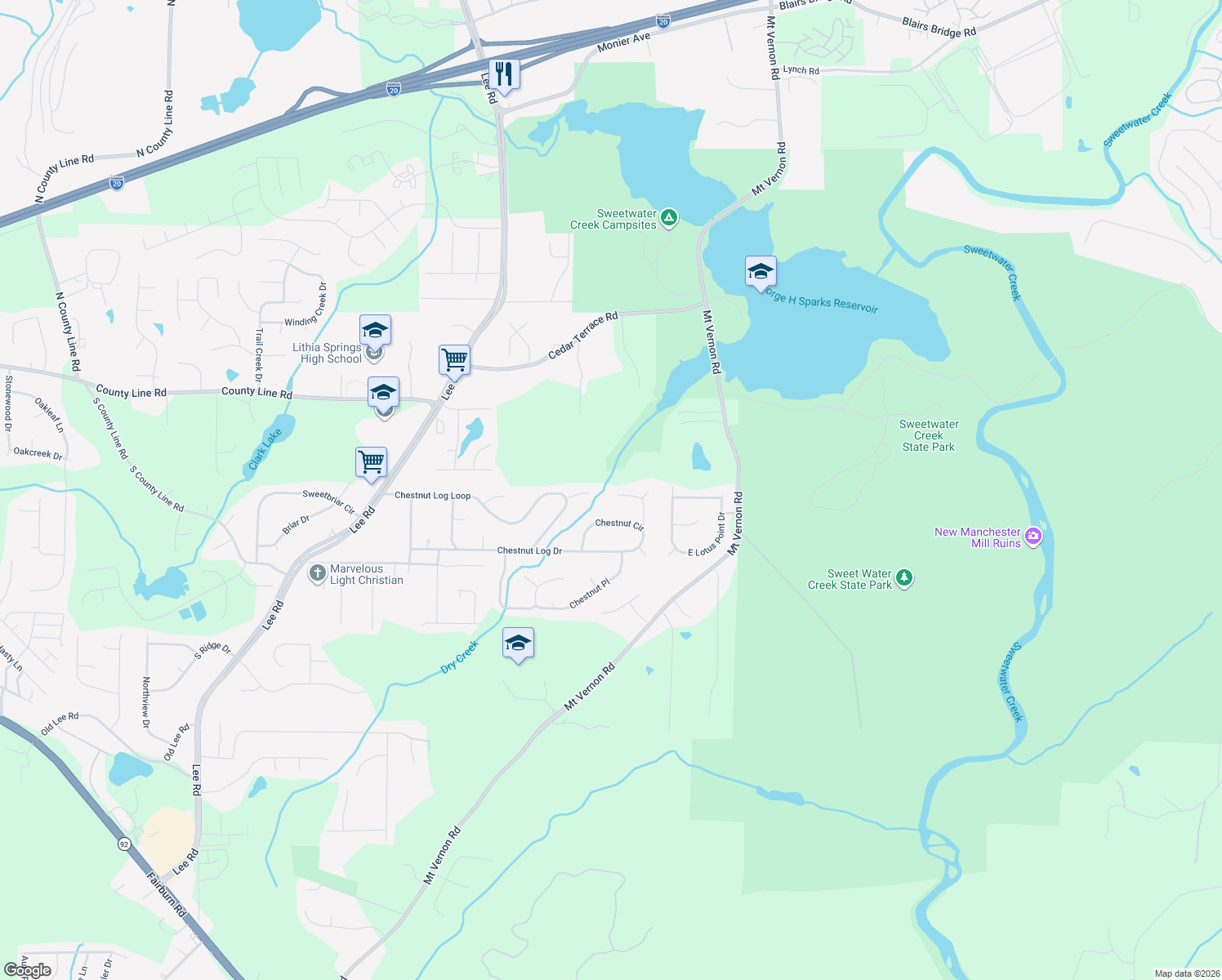 map of restaurants, bars, coffee shops, grocery stores, and more near 1945 Chestnut Log Dr in Lithia Springs