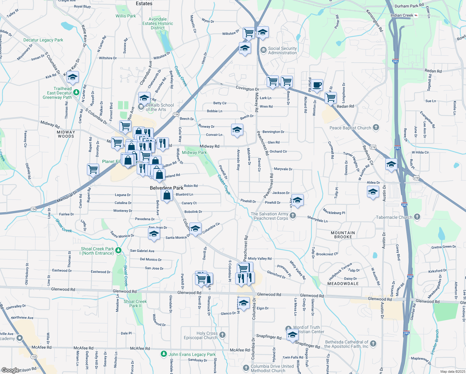 map of restaurants, bars, coffee shops, grocery stores, and more near 3252 Pinehill Dr in Decatur