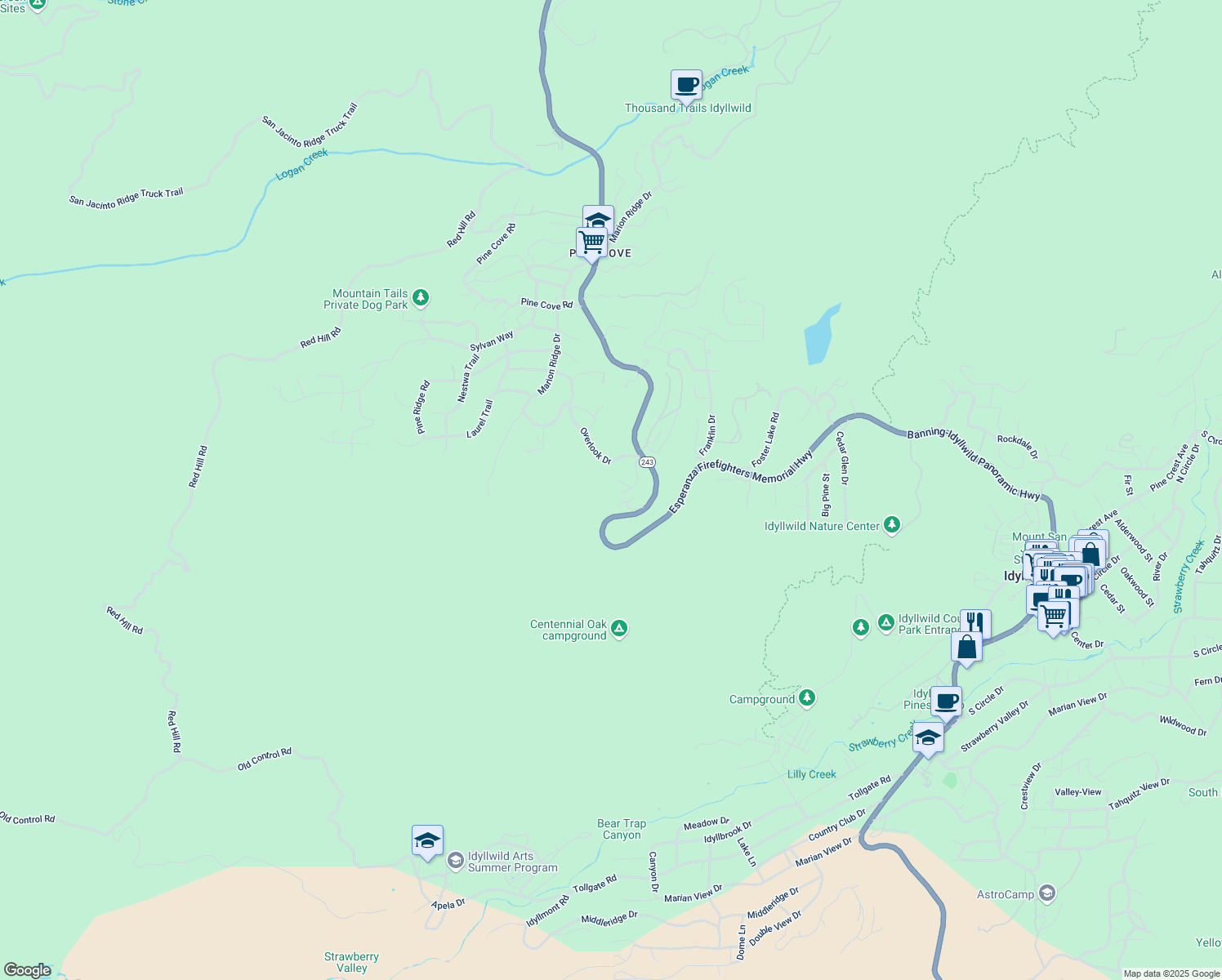 map of restaurants, bars, coffee shops, grocery stores, and more near 25765 Sunrise Drive in Idyllwild-Pine Cove